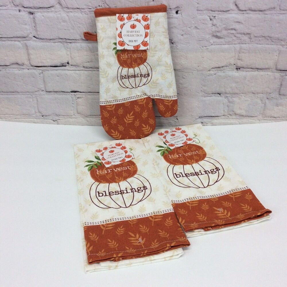 Fall Pumpkin 3 Pc Kitchen Set Harvest Blessings 2 Dish Towels/1 OvenMitt Autumn